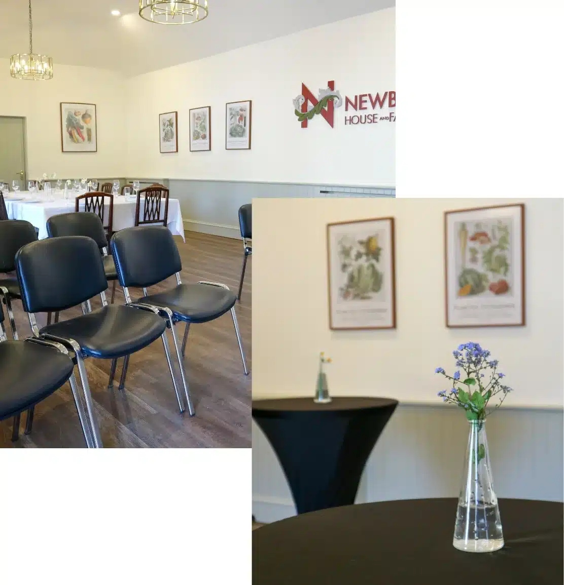 A conference room with rows of empty black chairs facing a white wall displaying nature-themed art. In the foreground, a small round table with a vase of purple flowers sits nearby. A sign on the wall reads "Newberry House.