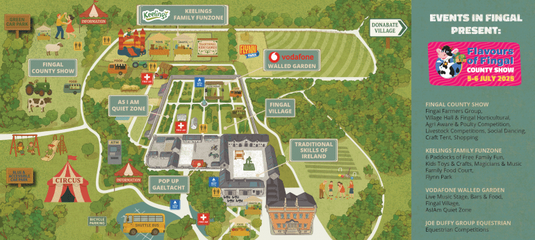 Illustrated map of Flavours of Fingal County Show, showing event areas: Fingal Village, circus, Keelings Family Funzone, walled garden, quiet zone, pop up Gaeltacht, and event info on the right for 6-7 July 2023.