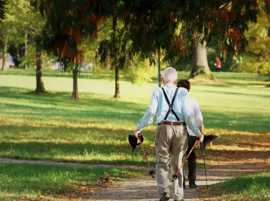 Two elderly people walk on a sunlit park path surrounded by green grass and trees. One uses walking poles and carries a hat, while both wear light shirts and trousers. The scene is peaceful and bright.