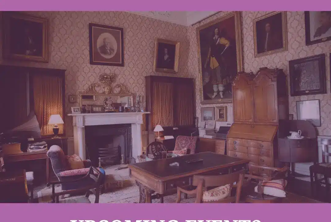 A vintage room with antique furniture, paintings, and ornate wallpaper sets the scene for National Heritage Week. Text reads: “National Heritage Week. A Heritage Council programme. Upcoming Events. Newbridge House and Farm.” Purple background.