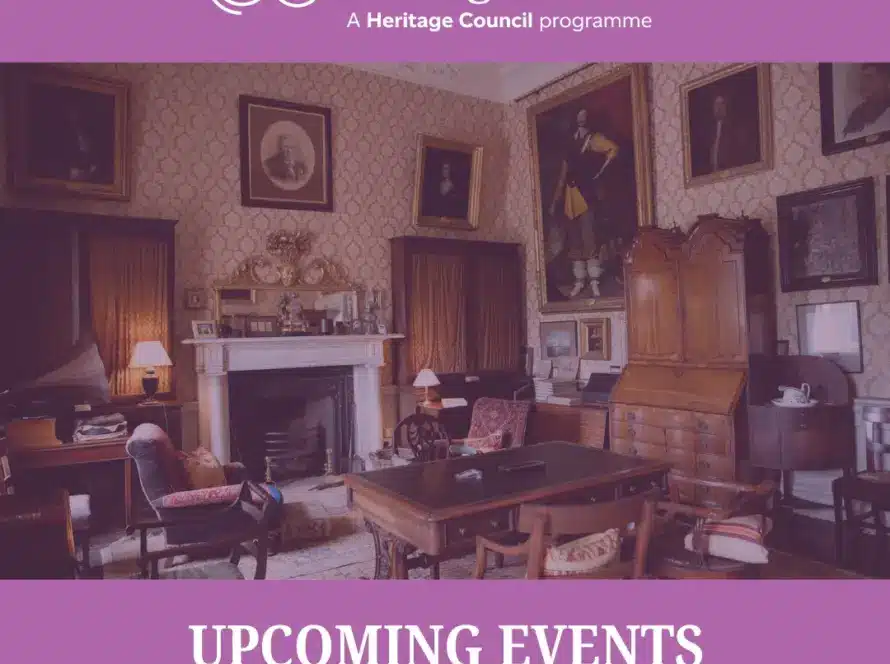 A vintage room with antique furniture, paintings, and ornate wallpaper sets the scene for National Heritage Week. Text reads: “National Heritage Week. A Heritage Council programme. Upcoming Events. Newbridge House and Farm.” Purple background.