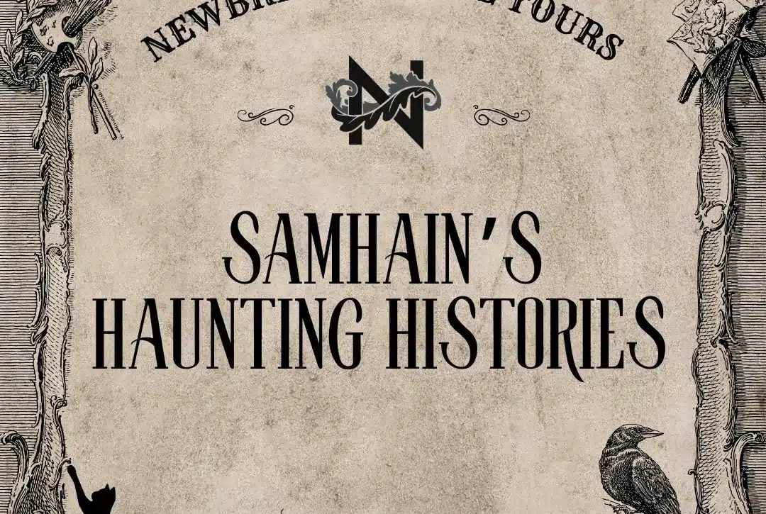 Vintage-style poster for "Newbridge House Tours: Samhain’s Haunting Histories,"