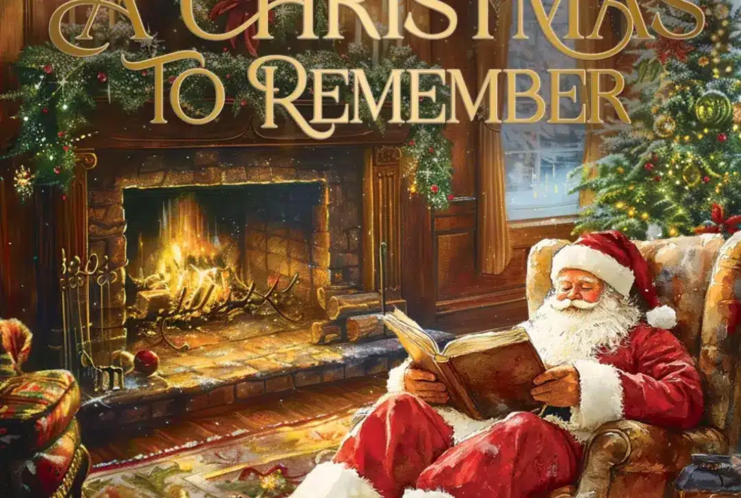 Santa Claus sits in a cozy armchair by a glowing fireplace, reading a book in a warmly decorated room with a Christmas tree—just like scenes from the Newbridge House and Farm