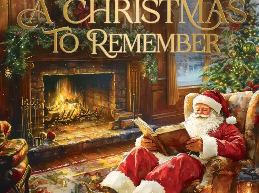 Santa Claus sits in a cozy armchair by a glowing fireplace, reading a book in a warmly decorated room with a Christmas tree—just like scenes from the Newbridge House and Farm