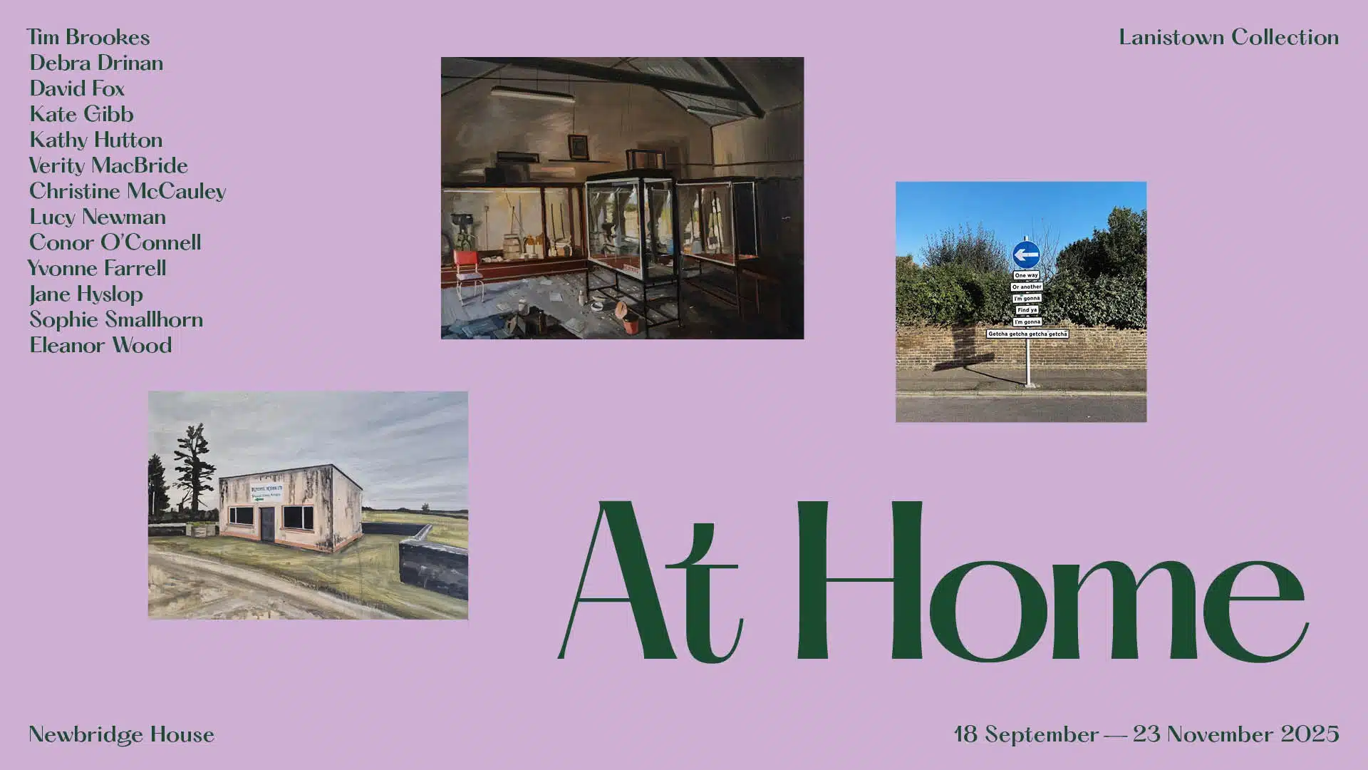 Exhibition poster on a lavender background with three art images: an interior studio, a street sign, and a small house. Artist names are listed on the left. Title reads "At Home." Event runs 18 September–23 November 2025, alongside Pumpkins After Dark.