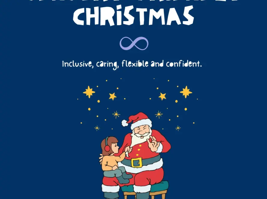 Illustration with the text “Sensory-Friendly Christmas” above a child sitting on Santa Paws’ lap. There’s a sensory symbol, stars, and subtitle: “Inclusive, caring, flexible and confident” on a dark blue background.