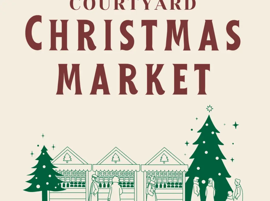 Illustration of a “Courtyard Christmas Market” with people shopping at festively decorated stalls, large Christmas trees, and twinkling lights.