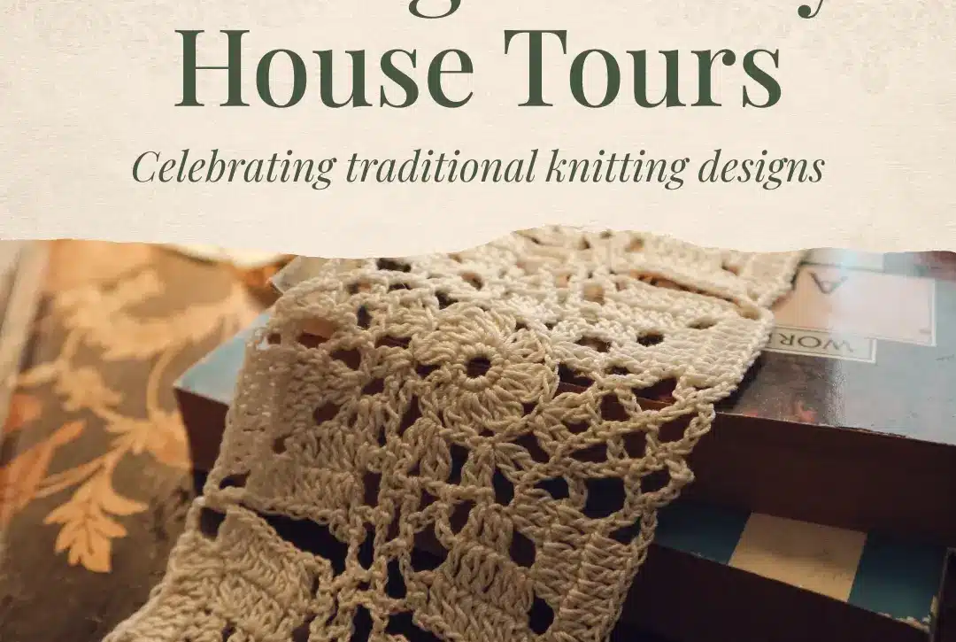 A stack of books with a cream-colored, intricately crocheted lace draped over them. Text above reads: "St Brigid's Day House Tours – Celebrating traditional knitting designs and timeless creativity.