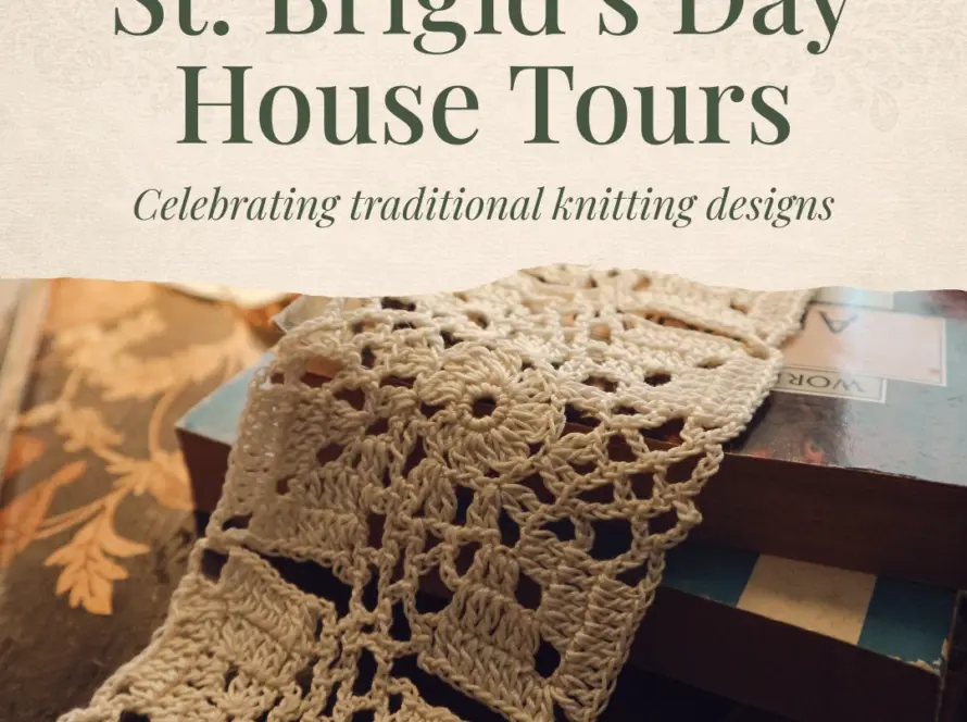 A stack of books with a cream-colored, intricately crocheted lace draped over them. Text above reads: "St Brigid's Day House Tours – Celebrating traditional knitting designs and timeless creativity.