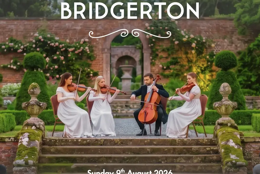 Four musicians in white dresses and one in a suit play string instruments in a formal garden setting for ABBA by Moonlight. “Bridgerton” is written above, with event details: Sunday 9 August 2026, gates open at 6pm.