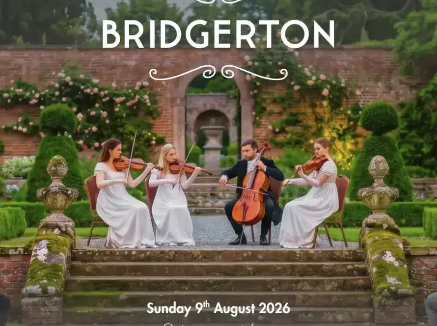 Four musicians in white dresses and one in a suit play string instruments in a formal garden setting for ABBA by Moonlight. “Bridgerton” is written above, with event details: Sunday 9 August 2026, gates open at 6pm.