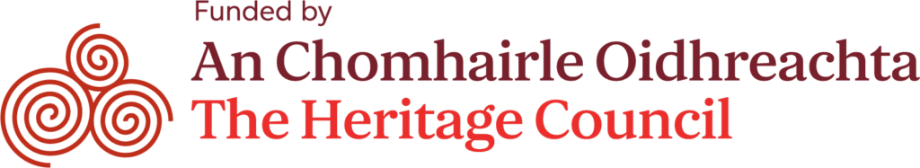 Logo for The Heritage Council, featuring three red spirals on the left and text that reads "Funded by An Chomhairle Oidhreachta The Heritage Council" on the right. This logo is often associated with initiatives such as National Heritage Week.