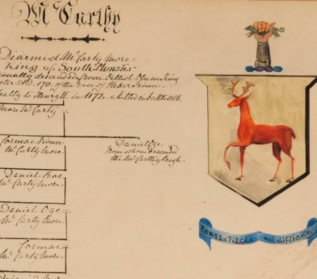 An old document with cursive writing, a red stag on a shield, a hand holding a feather above, and a blue ribbon below reading “Fors et Fides,” with additional handwritten text on the left—perfect for celebrating National Heritage Week and exploring rich historical traditions.