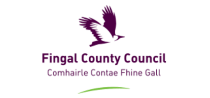 Logo with a purple bird in flight above the text "Fingal County Council" and "Comhairle Contae Fhine Gall," with a green curved line below, representing Fingal’s commitment to initiatives such as National Heritage Week.