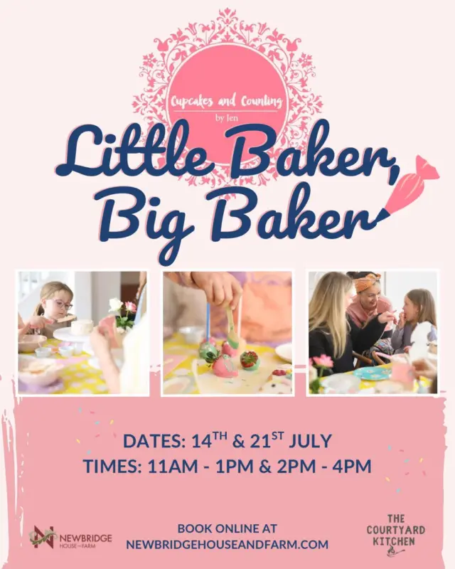 🍰 Little Baker / Big Baker Cupcake Classes: A Sweet Treat for Two! 👩‍🍳🧁

Get ready for some truly yummy fun at our Little Baker / Big Baker Cupcake Classes!
This delightful parent-and-child decorating session is designed for one adult and one child to create edible masterpieces together. 💕

📍 Join us in the Courtyard Kitchen on July 14th or 21st for a fantastic baking adventure!
You’ll work as a team to transform a selection of vanilla treats into beautifully decorated delights. 🎨✨

👩‍🍳 What you and your little baker will decorate:
• 1 x Bento Cake (vanilla) 🍰
• 3 x Cupcakes (vanilla) 🧁🧁🧁
• 4 x Cake Pops (vanilla, chocolate, red velvet) 🍡🍫🍓

We’ll provide all the tools, materials, ingredients, and decorations you need – just bring your creativity! 🎀

🕒 Each session runs for 2 hours:
• 11 am – 1 pm
• 2 pm – 4 pm

🎟️ €80 covers one adult & one child combo.
👧 Want to bring another child? Email us:
📩 events@newbridgehouseandfarm.com

⚠️ Please note: Our delicious treats contain common allergens including Gluten/Wheat, Eggs, Milk, and Soy.

💖 Don’t miss this sweet opportunity to bond & create lasting memories!

👉 Book now: https://bookings.newbridgehouseandfarm.com/Event/CUPCAKE

#CupcakeAndCountingClass #FamilyFun #NewbridgeHouseAndFarm #BakingTogether #LittleBakerBigBaker #ParentChildActivities #BakingWorkshop #TheCourtyardKitchen